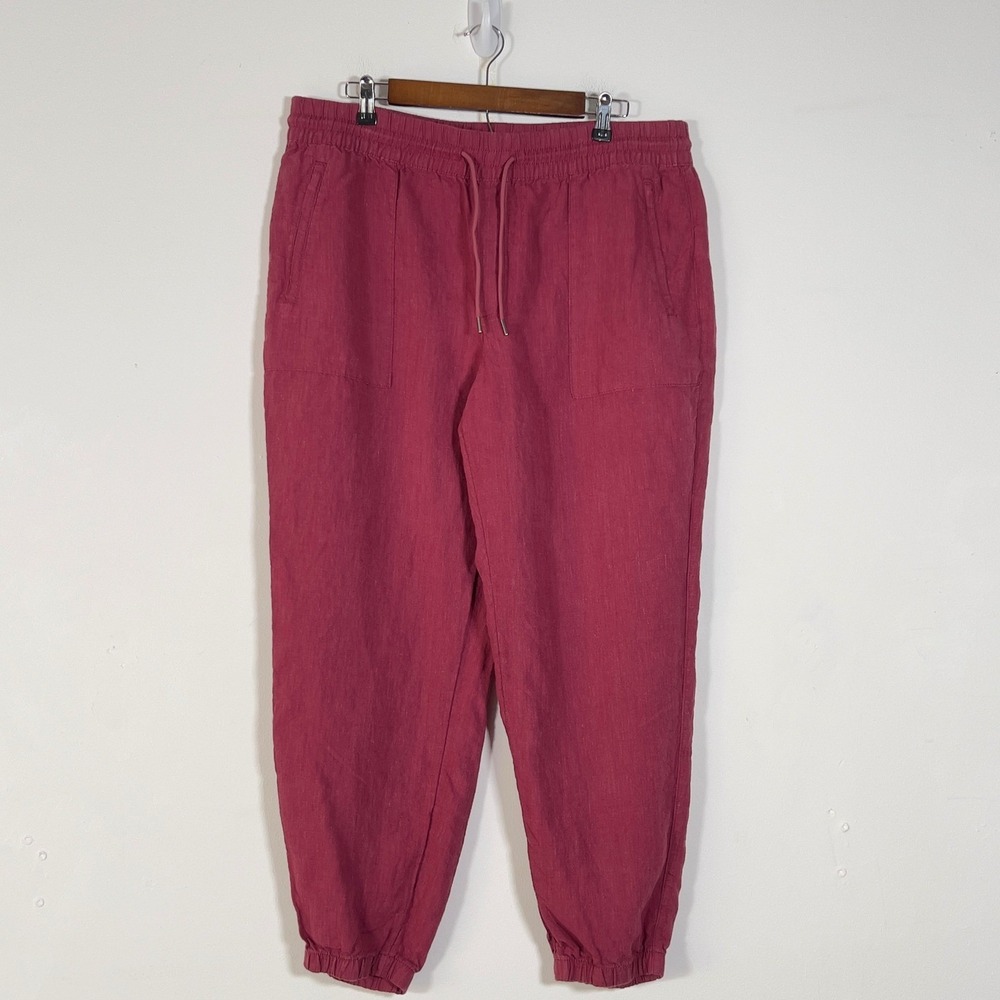 Athleta 100% Linen Pull On Joggers Womens Sz 16 Maroon Elastic Waist Drawstring